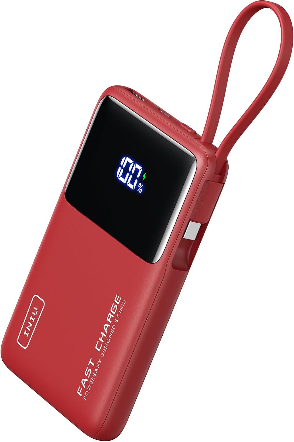 INIU Power Bank, Cargador Portátil de 10000 mAh 45W con Cable USB-C Integrado, USB C In&out, Batería Externa Carga Rapida Delgada y Liviana para iPhone 16 15 14 13 Samsung S23 S22 Google Rojo