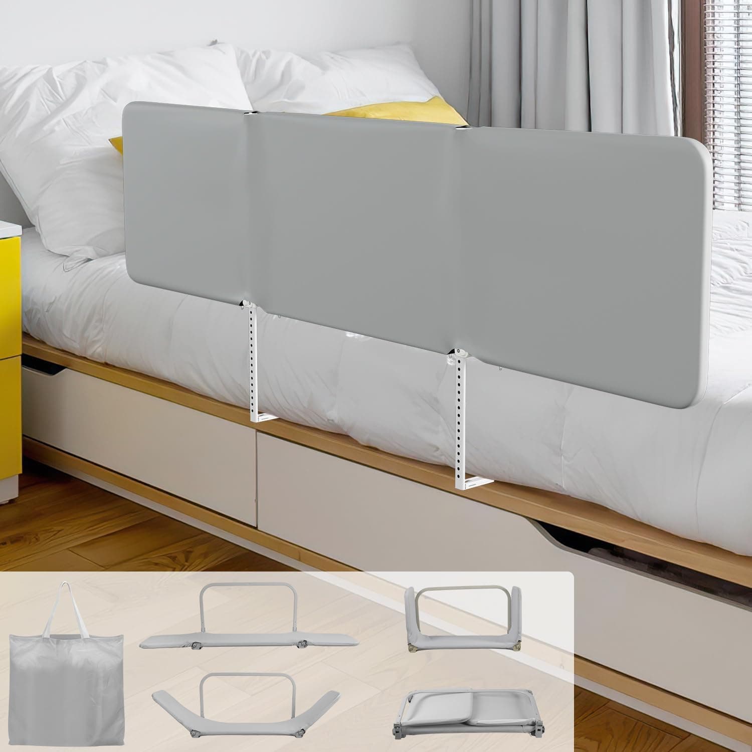 Eulenke Barrera de cama de 180 cm con protección contra caídas, plegable, altura ajustable, barrera de protección para cama infantil, portátil, para viajes, montaje fácil, gris
