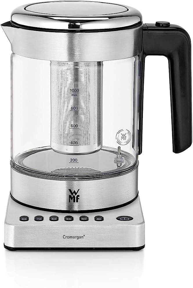 WMF Kitchenminis - Hervidor eléctrico para té de 1900 W y 1.0 l de capacidad, jarra de cristal, acabados de acero inoxidable de cromargan mate