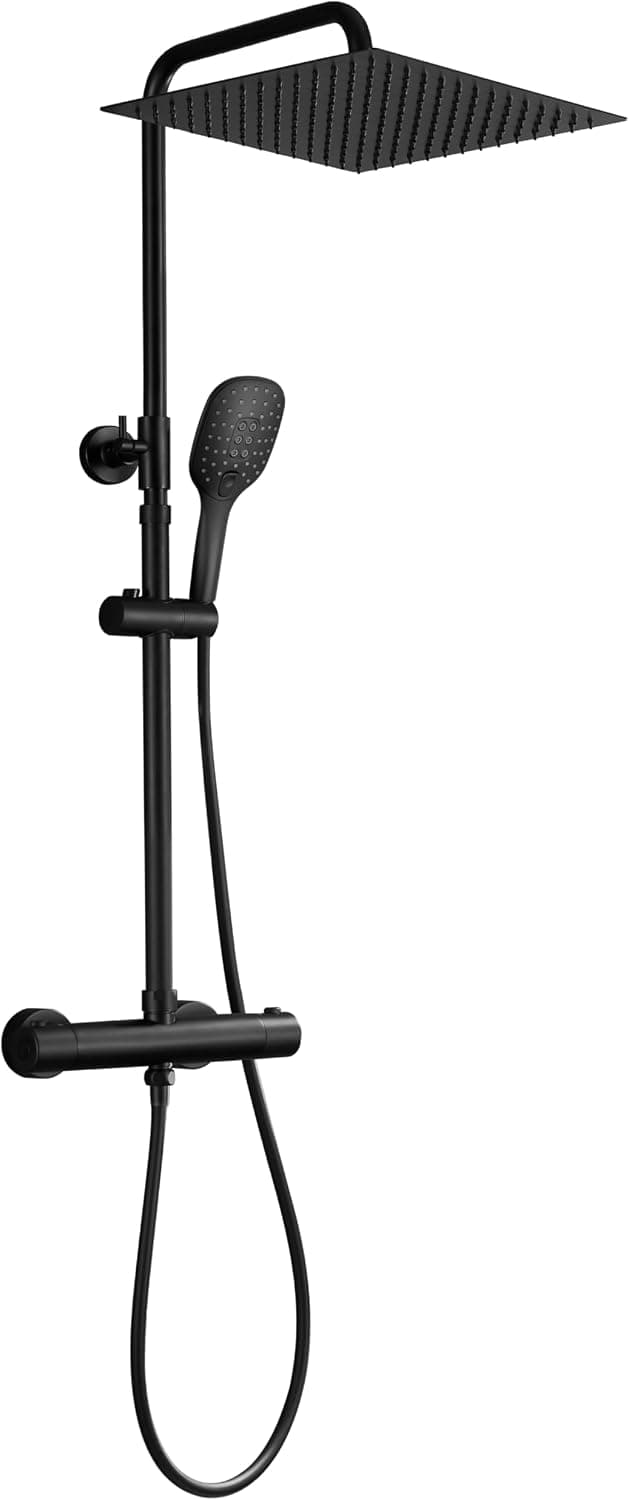 JOHO Columna de Ducha en Acero INOX con Grifo Termostático, Conjunto ducha con Barra Ducha Altura Adjustable, Cabezal Ducha Lluvia 30x30 cm y Mezclador, Negro