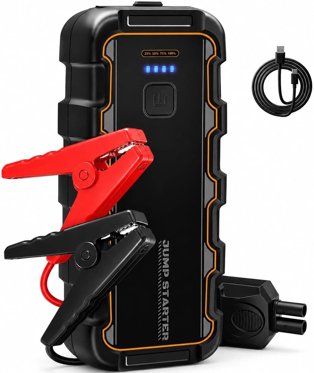 Arrancador de Batería de Coche 7000A, para Gas 8.0L/Diésel 6.0L, 12V Arrancador de Coche Portátil con Carga Rápida USB y Pinzas para Batería, Funciona en Frío Extremo, para Auto, Moto, Bote, Camping
