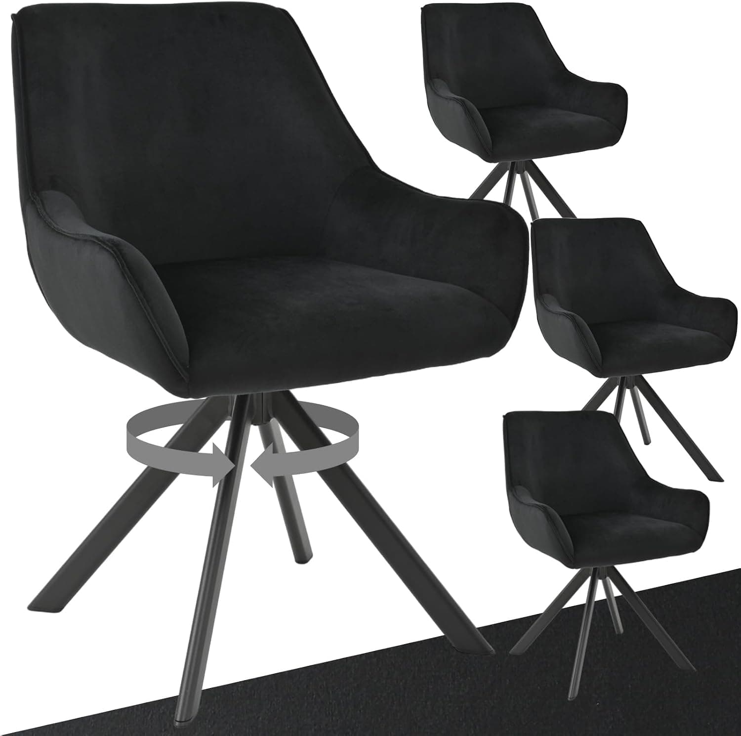 Juego de 4 sillas giratorias - Sillas de terciopelo con reposabrazos, giratorias de 360°, patas de metal, respaldo cómodo, para comedor, sala de estar, color negro
