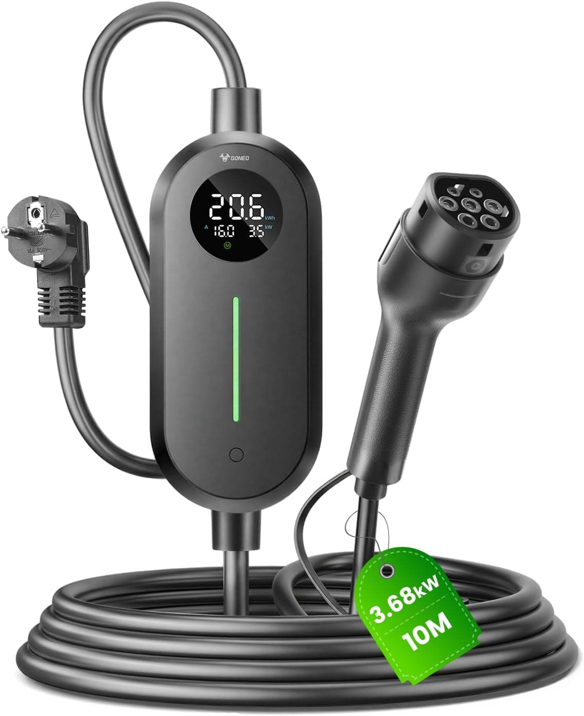 GONEO Cargador EV Tipo 2 Schuko 3,68 kW 16 A, Cable de Carga portátil de 10 m, 1 Fase 230 V, Wallbox móvil con Pantalla LCD, Temporizador e IP66, para ID.3, ID.4, Zoe, Model 3, Q3, X3 PHEV