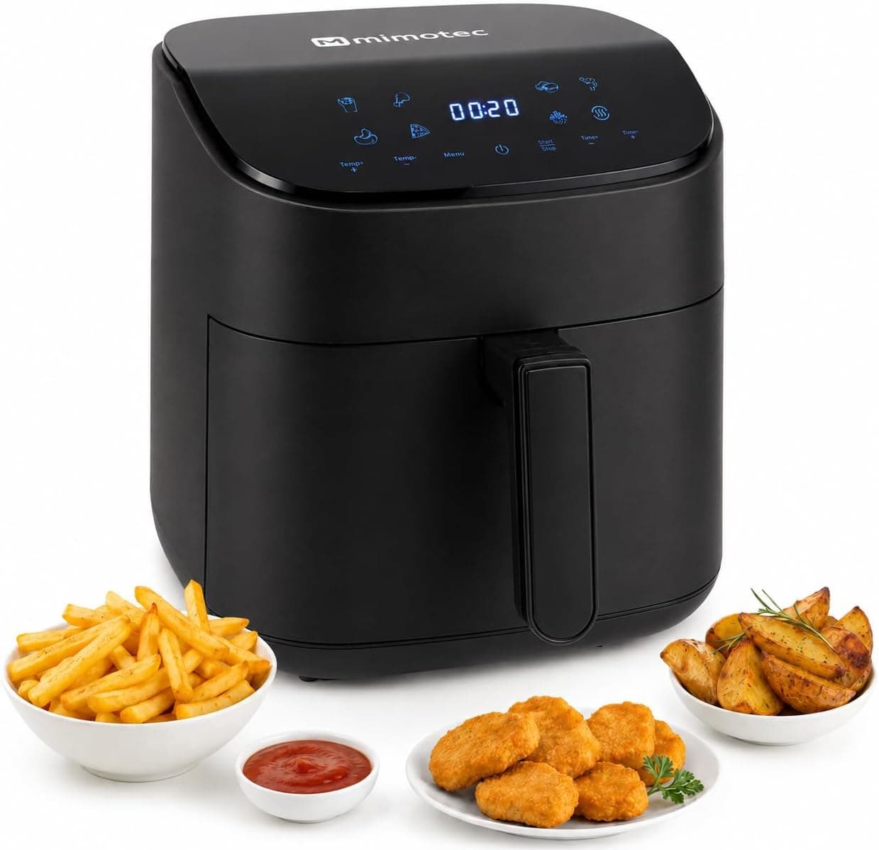 M mimotec – Air Fryer Sara Touch 6,5L, Freidora de Aire sin Aceite, 1600W, 8 Menús Digitales, Pantalla Táctil,Función Grill, Temporizador regulable, Temperatura 80-200°C, Cocina Fácil y Saludable