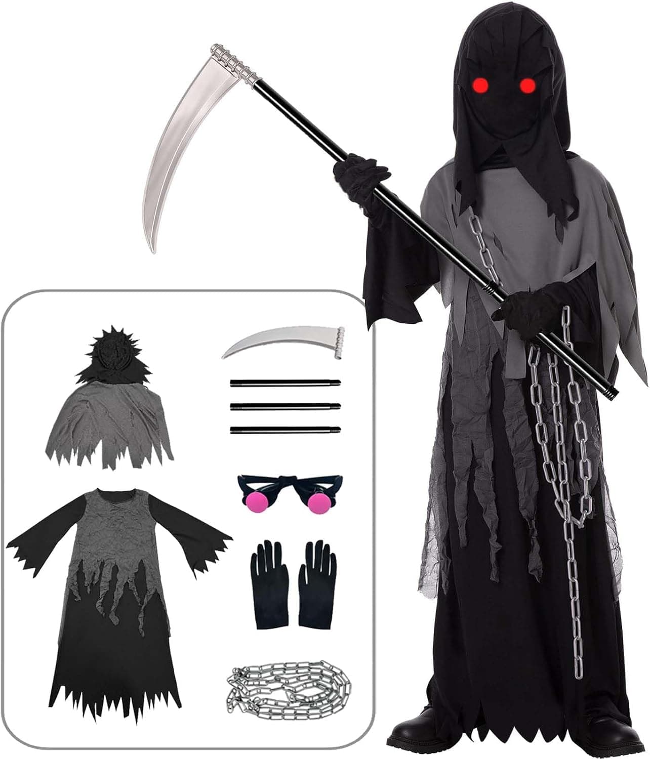 Disfraz Halloween Niño Halloween Disfraz, Disfraz de Halloween Niño Disfraz de la Muerte Niño con Guadaña, Gafas Luminosas y Cadenas