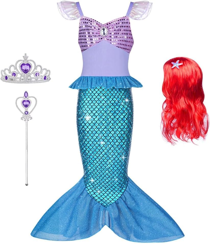 AOOWU Disfraz de Sirena para Niña, Juego de 4 piezas, Vestido de Sirena con Peluca, Corona Morada y Cetro, Disfraz Infantil para Carnaval, Fiesta, Halloween, Navidad, Cosplay