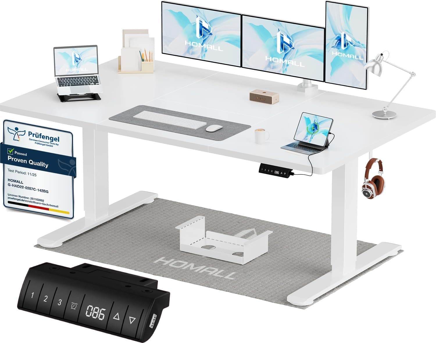 Homall Escritorio de Altura Regulable de 140 x 70 cm con Puerto de Carga USB-A, Escritorio eléctrico con Bandeja de gestión de Cables, Escritorio de pie con 3 Funciones de Memoria, Escritorio para