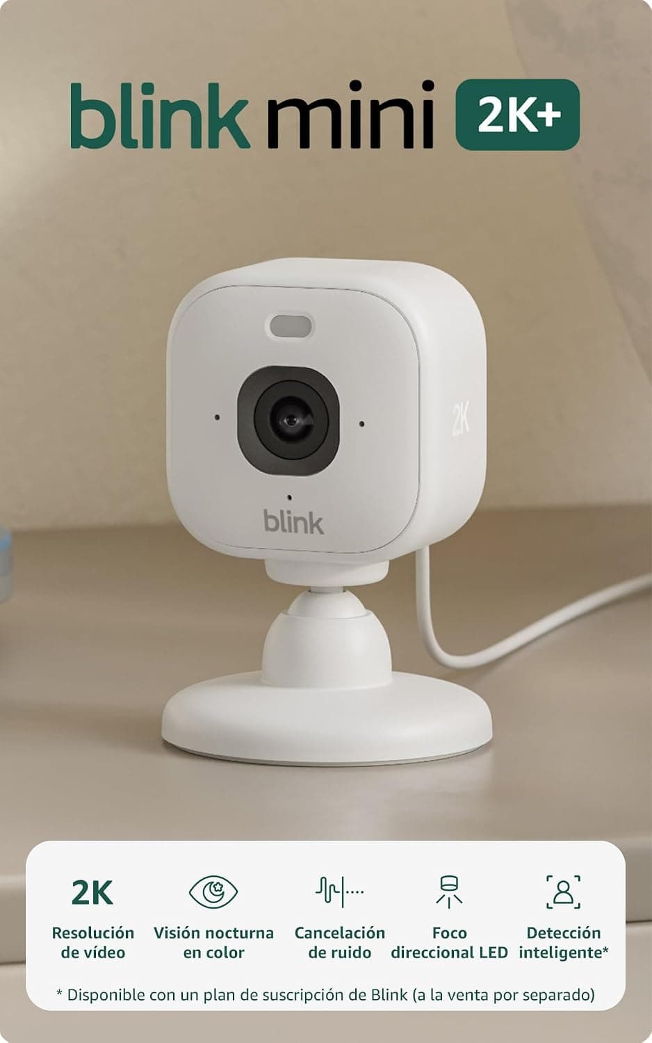 Cámara Mini 2K+ Blink (última generación) | Cámara de seguridad doméstica con enchufe, resolución de vídeo 2K, zoom de 4 aumentos, visión nocturna en color | Compatible con Alexa | 1 cámara - Blanco