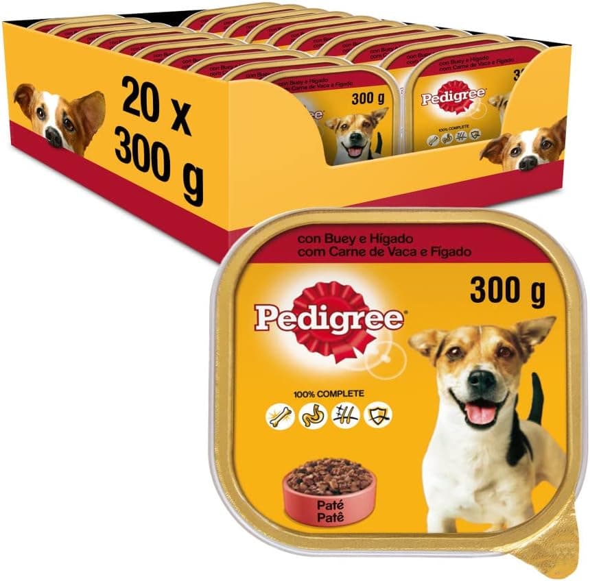 Pedigree Tarrina para Perros, Sabor Buey e Hígado, 300 g (Paquete de 20)