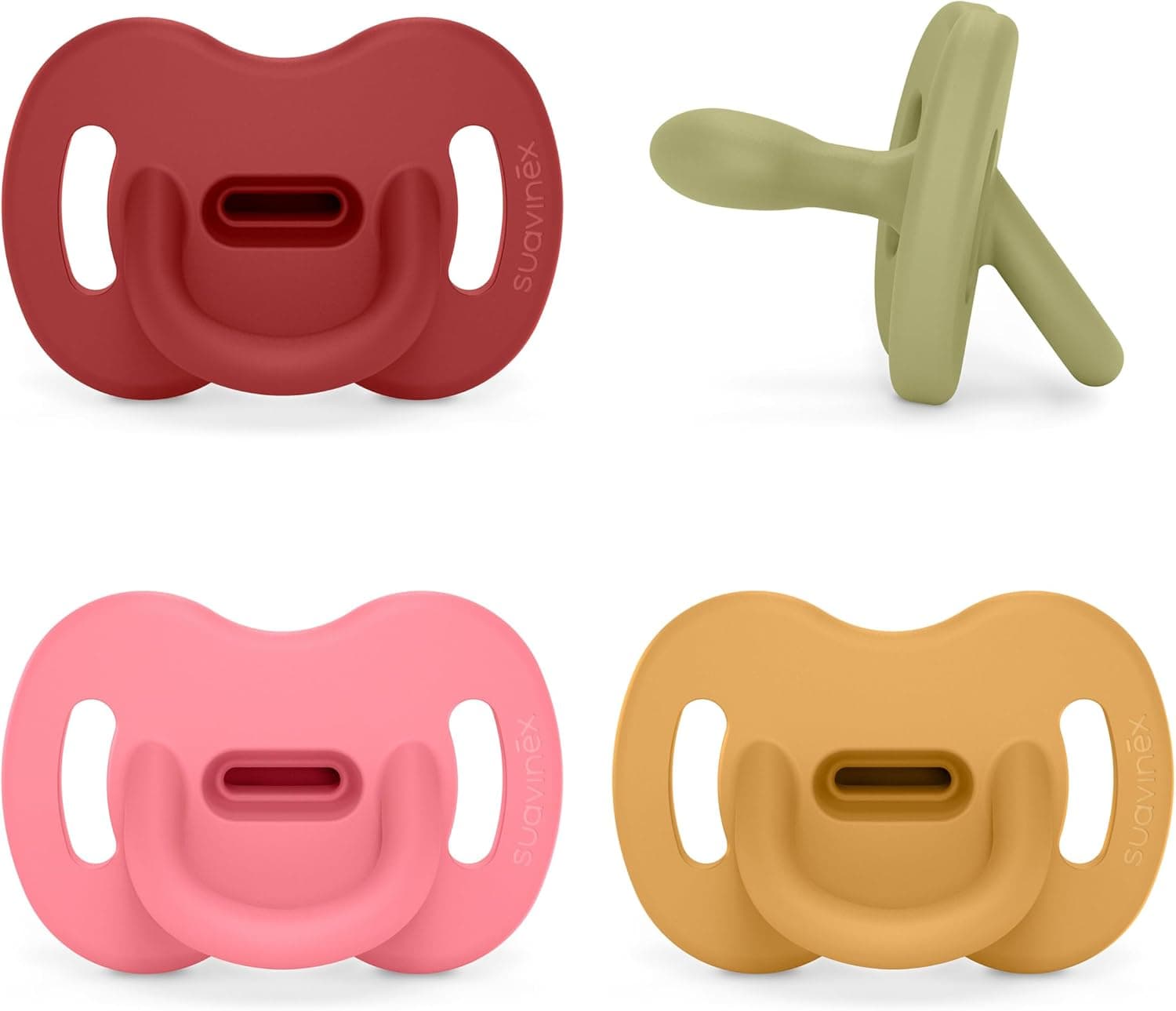 Suavinex, Pack 4 Chupetes Todo Silicona, Lake, Fuchsia, Honey, Chili