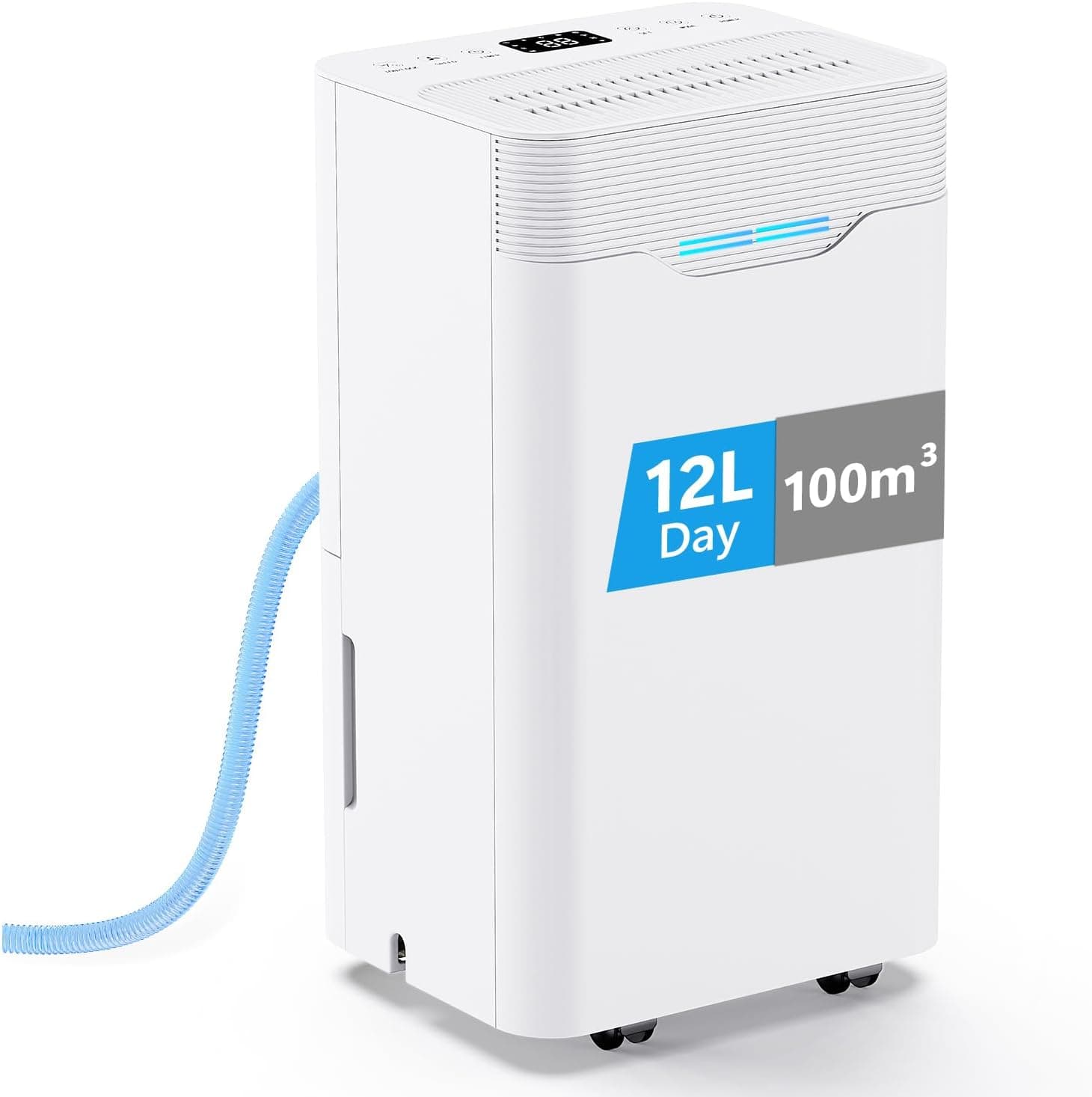 Deshumidificador 12L/Día, con 3 Modos, Temporizador de 24h, Bajo Consumo, Apagado Automático, Tubo de Drenaje Drenaje Continuo, Deshumificadores de humedad para Dormitorios, Baños, Sótanos