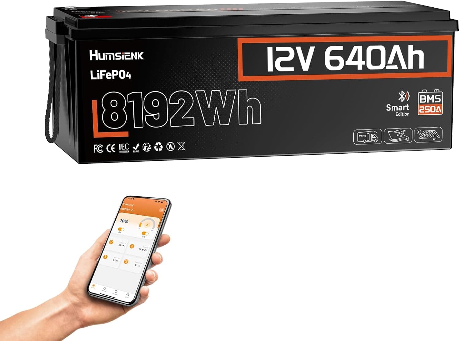 Humsienk Batería LiFePO4 12V 640Ah con Bluetooth, 8192Wh, 250A BMS Inteligente y protección Baja Temperatura, 6000–15000 ciclos, Batería Solar para Autocaravana, Barco y Sistema Fuera de Red