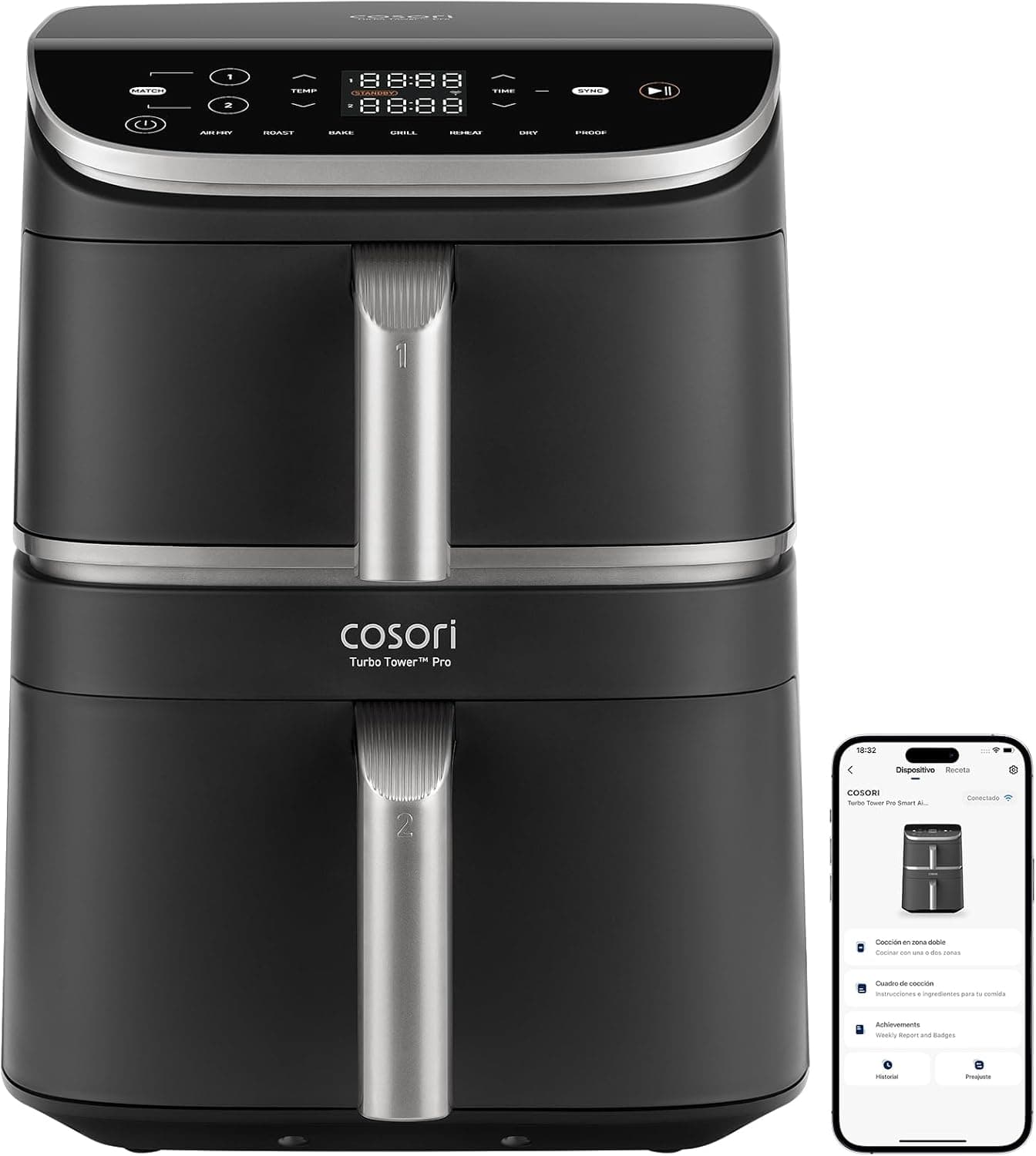 Cosori Freidora de Aire 10,8L Turbo Tower Pro Smart, Doble Cesta Vertical