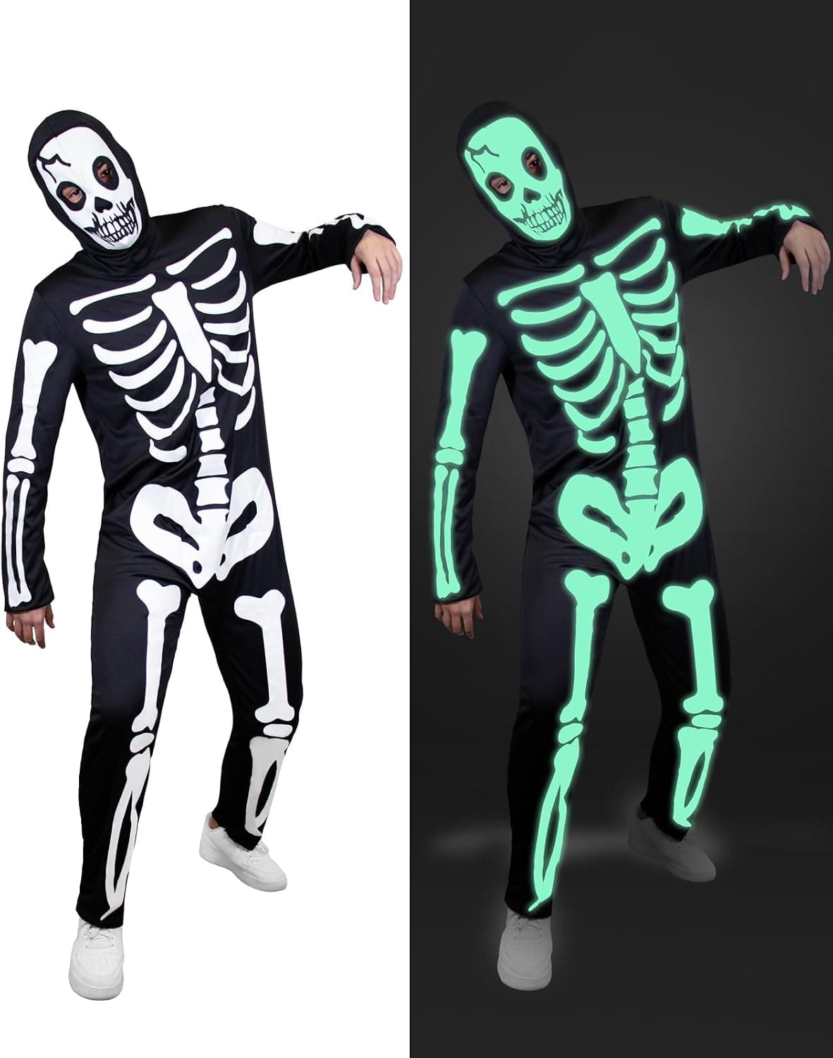 Funidelia Disfraz de esqueleto brilla en la oscuridad para hombre, Incluye mono y pasamontañas - Traje para adultos para fiestas, Carnaval y Halloween, Talla L