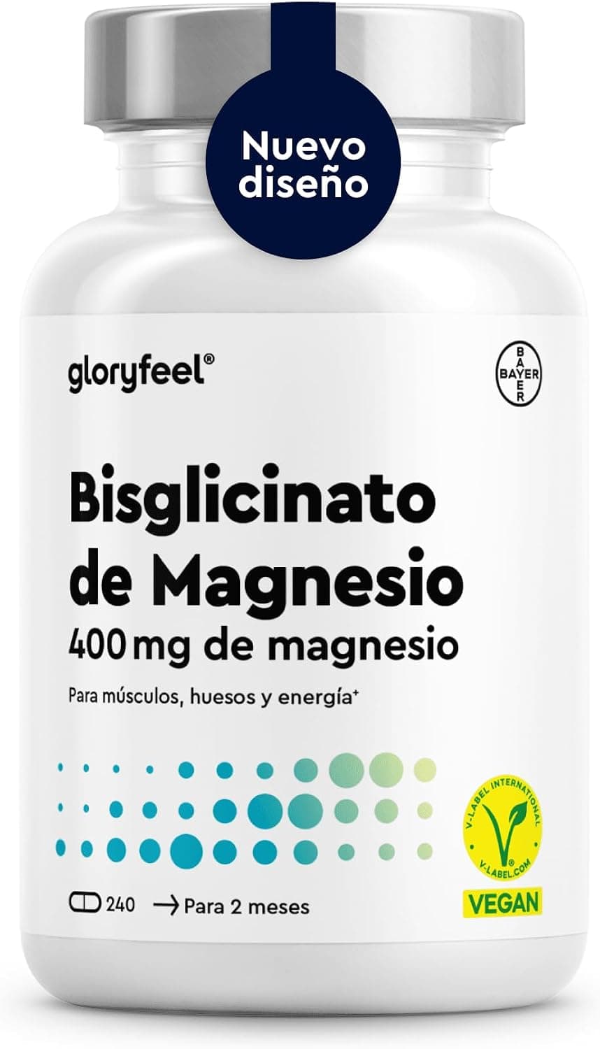 Glicinato de Magnesio 240 Cápsulas - 400 mg de magnesio elemental/dosis diaria - Suministro para 2 meses - Magnesio quelado - Inocuo para el estómago, vegano, de alta dosificación