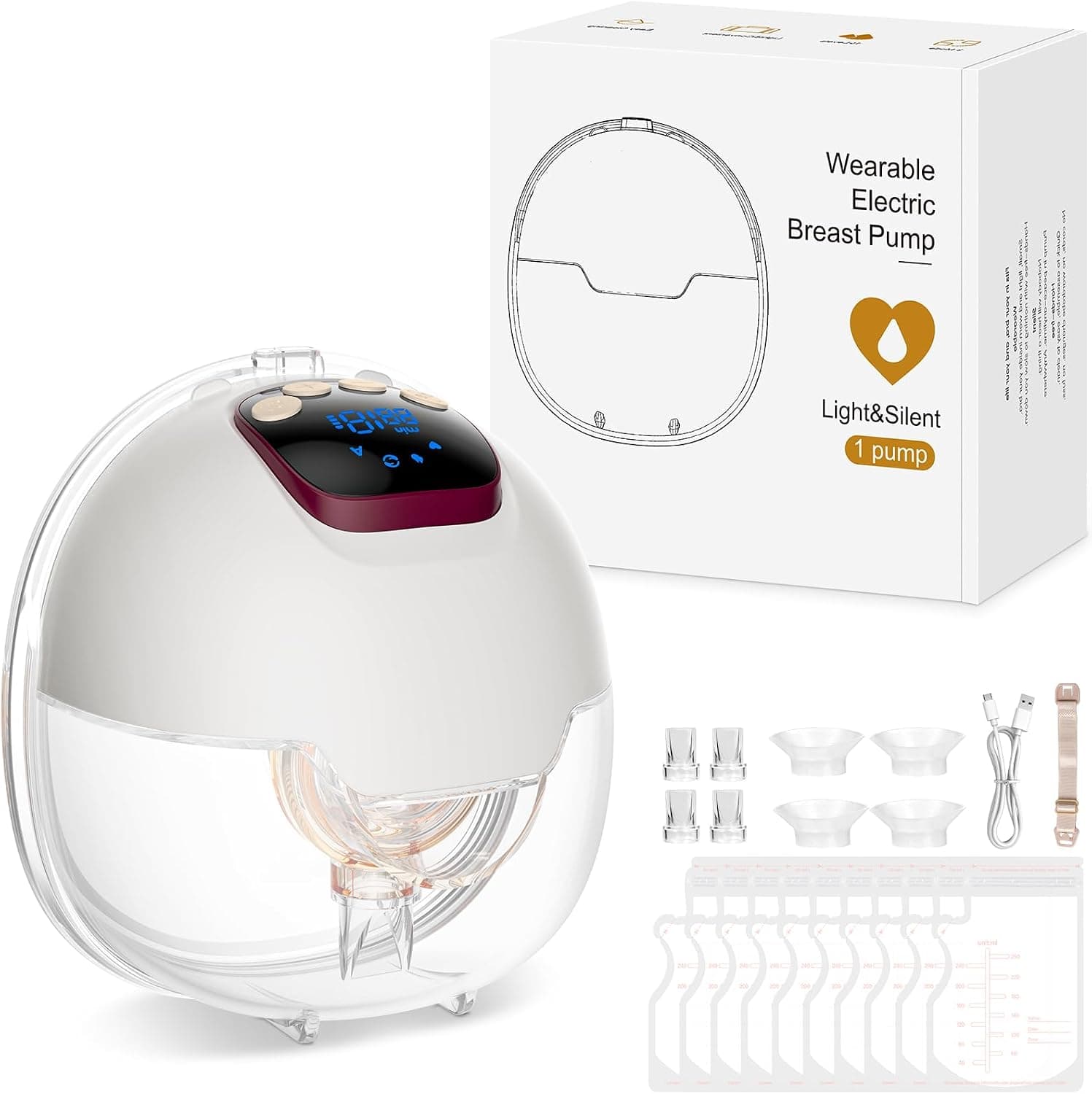 Sacaleches Eléctrico Manos Libres 4 Modos y 15 Niveles Sacaleches Electricos con Pantalla LED 180ml Extractor de Leche Materna con Bridas de 18/20/22/24 mm (1 Pieza)