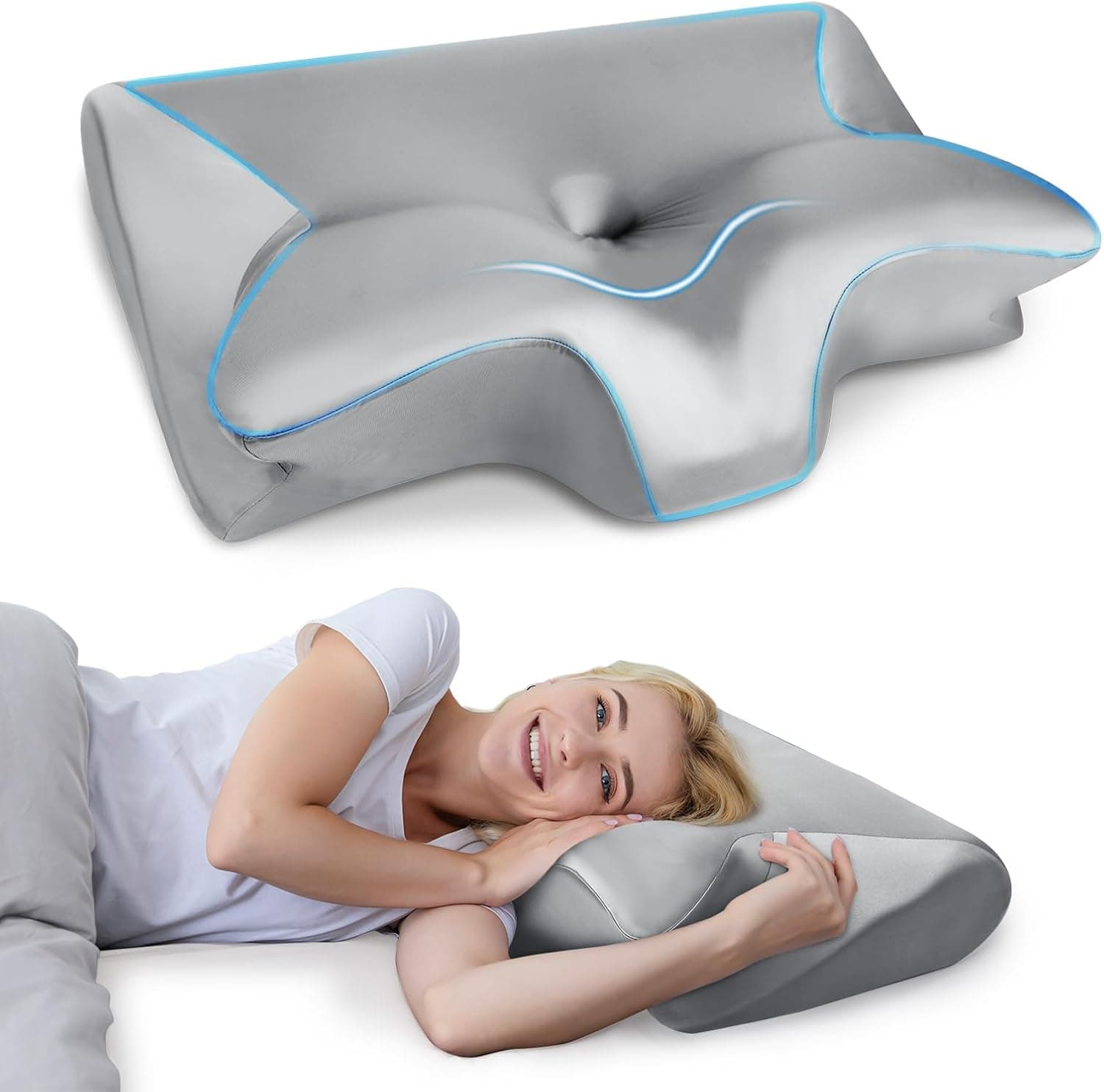 HOMCA Almohada Cervical 2 en 1 Espuma de Memoria, Gris Oscuro,60x40x12/14cm