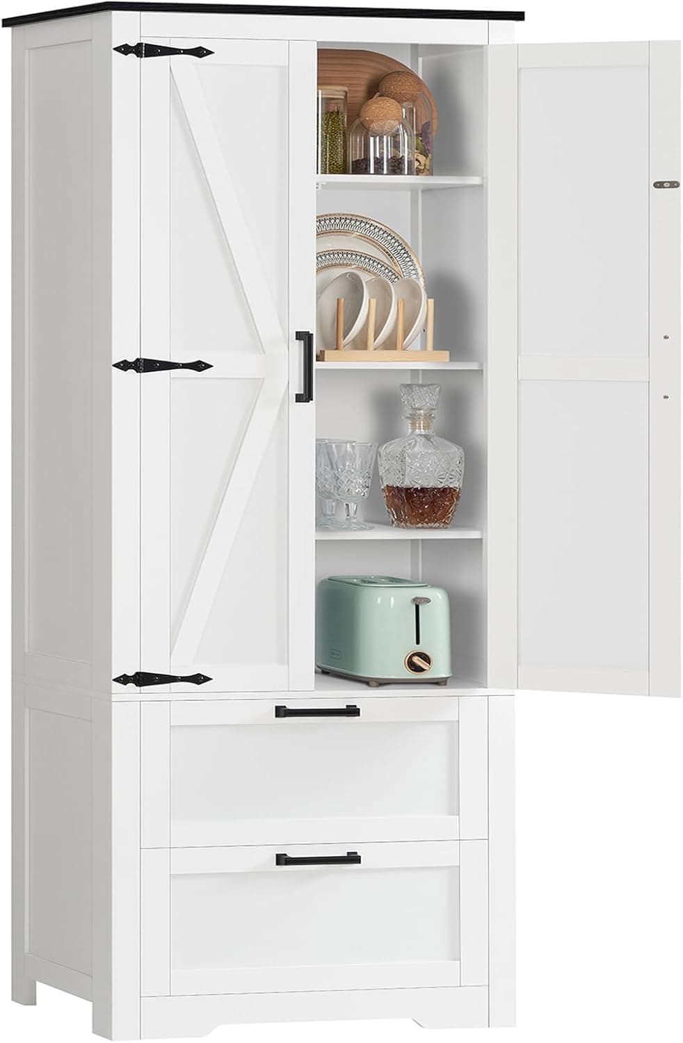TEENFON 168 cm Alacena de Cocina, Armario de Cocina con 2 Cajones, Armario Alto de Estilo Rústico Campestre con 2 Puertas, Armario de Baño para Salón, Cocina y Baño - 60 x 30 x 168 cm - Blanco