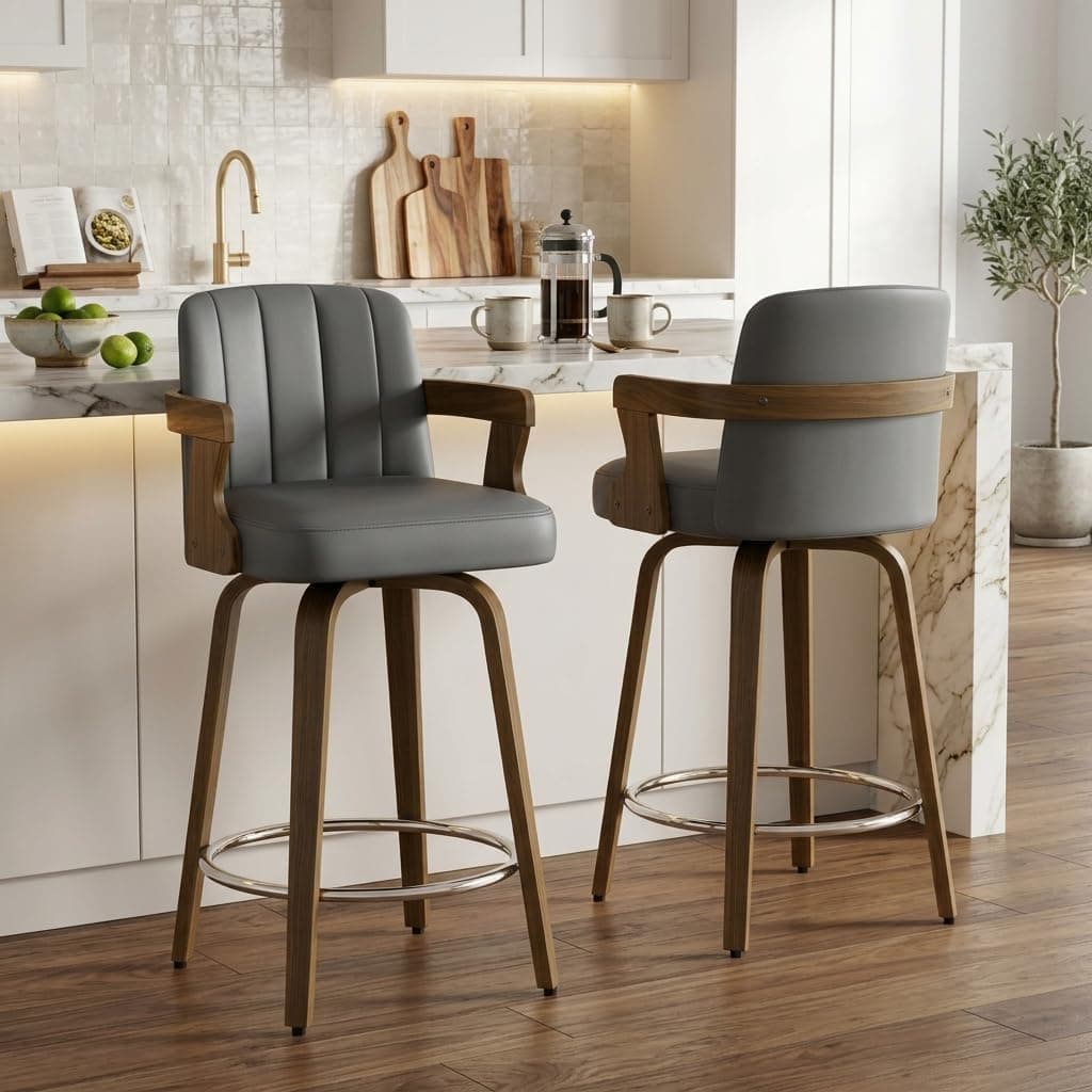 Set de 2 taburetes de bar, giratorios, con altura de asiento de 65 cm, con reposabrazos, acolchados en piel de PU, patas curvas de madera maciza, taburete de cocina de diseño mid-century