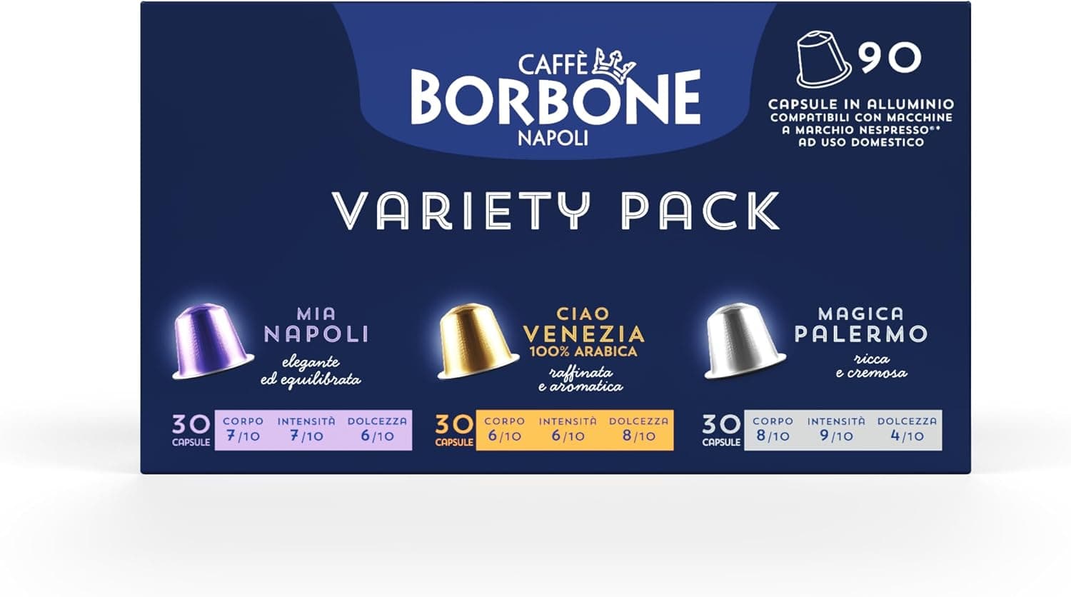 Caffè Borbone Kit Degustación 90 cápsulas de ALUMINIO: 30 Mia Napoli, 30 Ciao Venezia, 30 Magica Palermo - (3 paquetes de 30 cápsulas para cada)