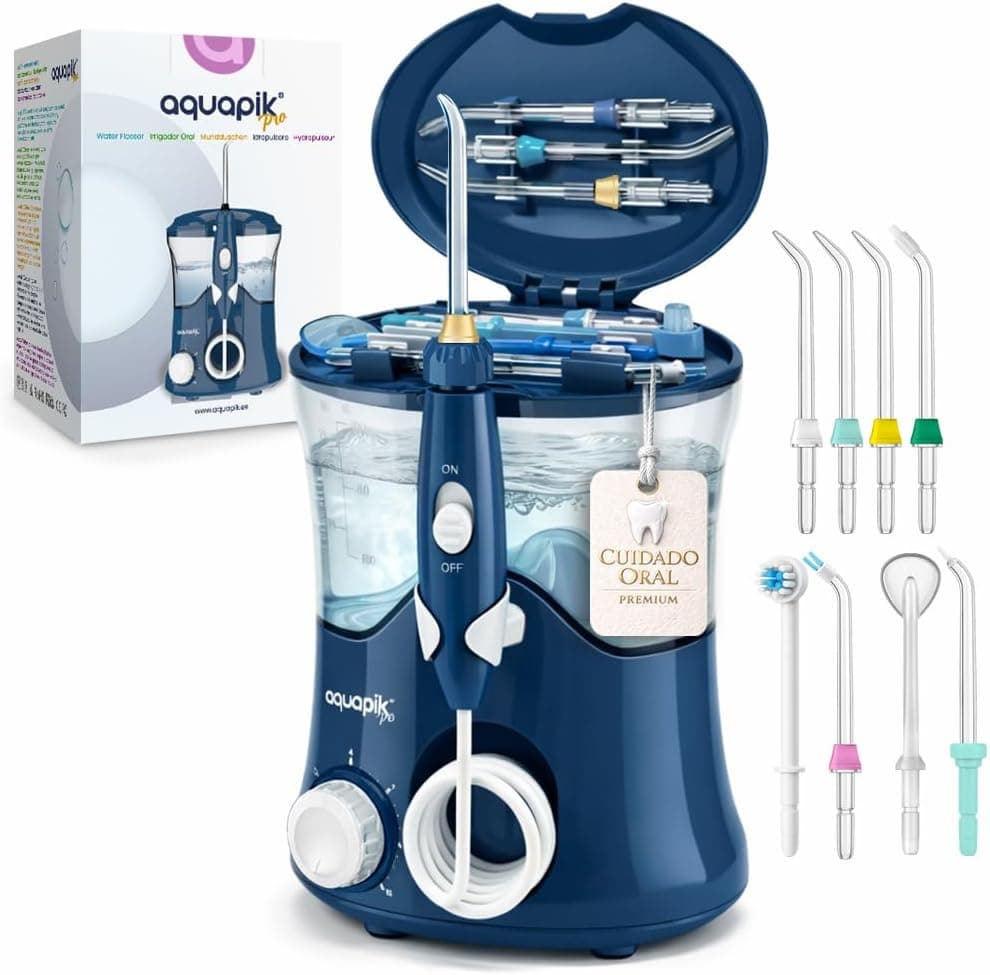 Irrigador Dental Aquapik PRO 600 ml 10 Niveles 8 Boquillas 360° Azul