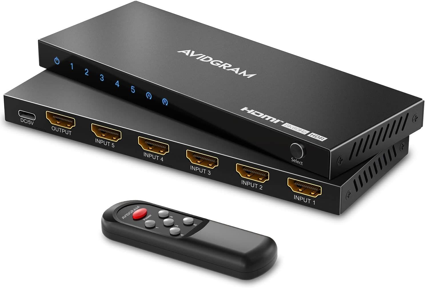 8K Switch 2.1 HDMI 5 in 1 out, AVIDGRAM Conmutador HDMI 5 en 1 Salida 4k 120hz con Control Remoto IR, 5 Puertos 8K 60Hz Selector Hub Compatible con 8K 48Gbps
