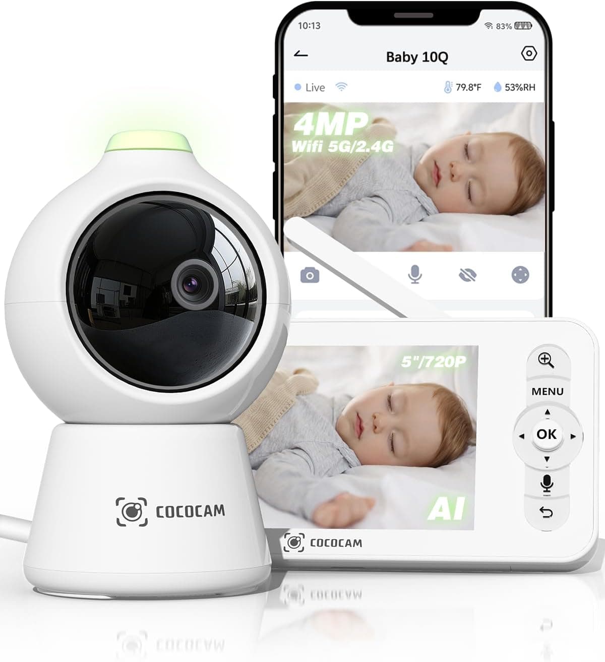 COCOCAM 2K 4MP IA Camara Vigilancia Bebe con 5" Pantalla 2,4G/5GHZ WiFi