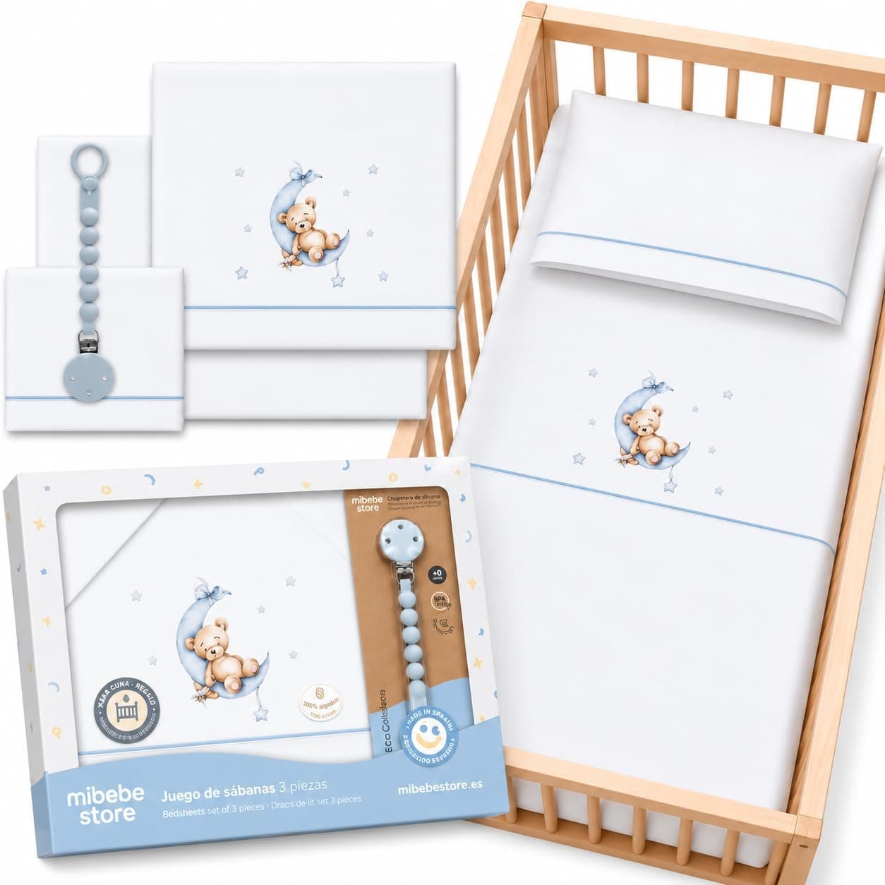 Set 3 Sabanas Cuna 60x120 100% Algodon con Sabana Bajera Transpirable Ajustable Lavable + Encimera y Funda Almohada Suave Pack Descanso de Bebes Recien Nacidos Diseño Bebe Azul + Chupetero Regalo
