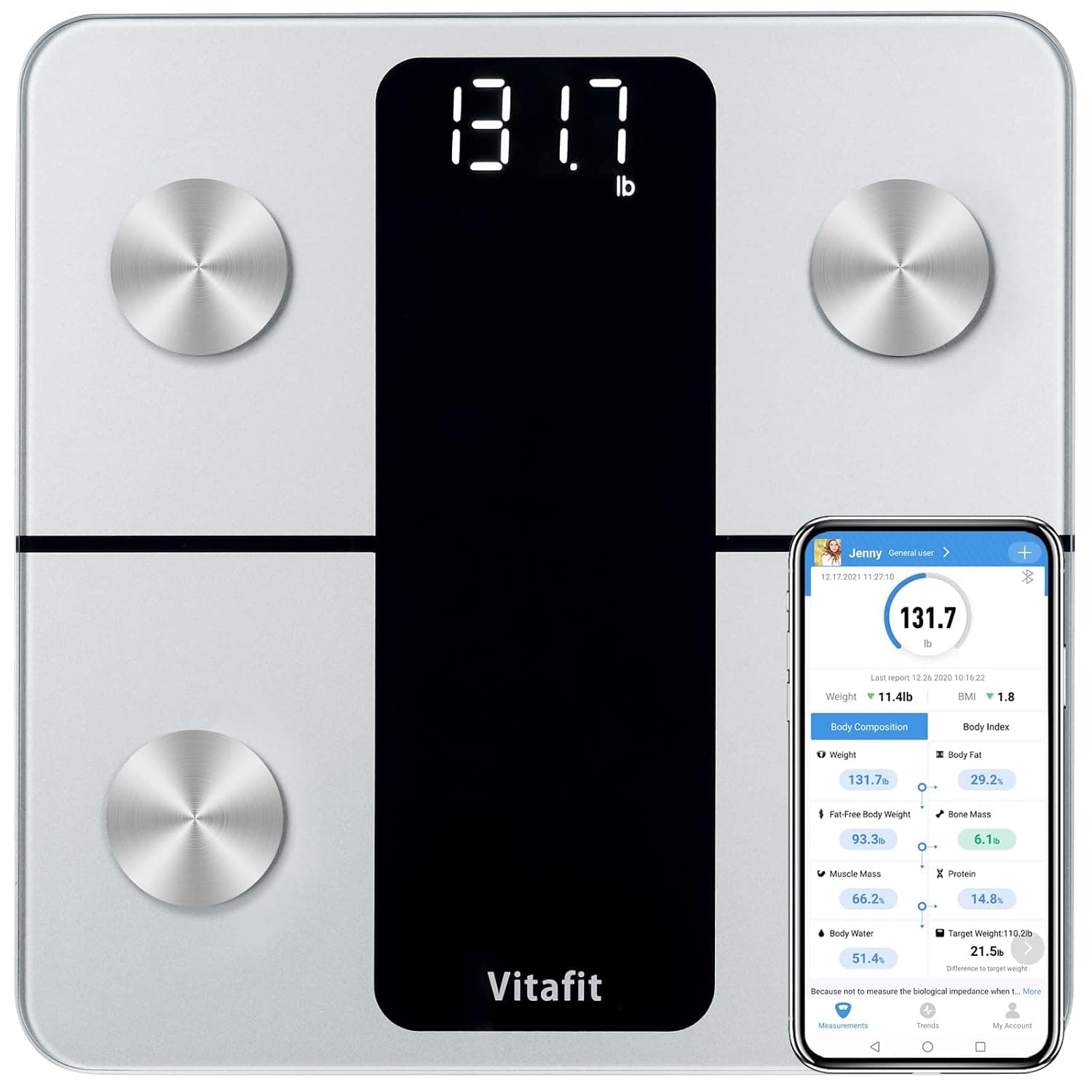 Vitafit Bascula de Baño Digital Inteligente Precisión 0,05kg,182kg, LED