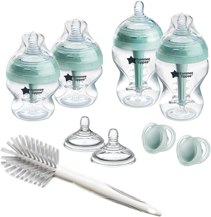 Tommee Tippee Biberones, set anticólicos óptimo para recién nacidos, 4 biberones con 2 tetinas anatómicas de flujo medio, varilla de ventilación