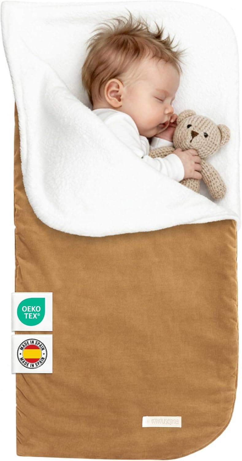 MIMUSELINA Saco Capazo Bebe Invierno Universal | para Carrito, Cuna y Silla de Paseo | Manta Bebe Invierno en Algodon Suave y Acogedor | 2 en 1: Saco 92x46 cm o Manta 92x92 cm | España (Latte)