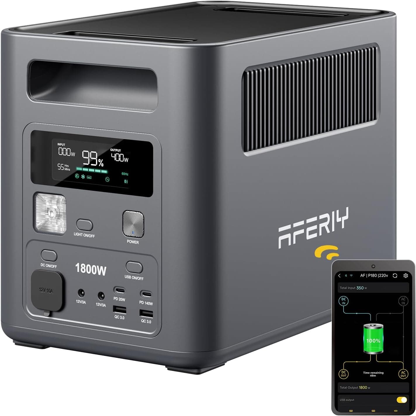 AFERIY Estación de Energía Portátil 1800W 1024Wh, Generador de Energía Solar P180, （Envío en 3 días）Carga Rápida del 0 al 90% en 1h, 220V-240V, Batería LiFePO4 con UPS, BMS, Acampadas, Viajes