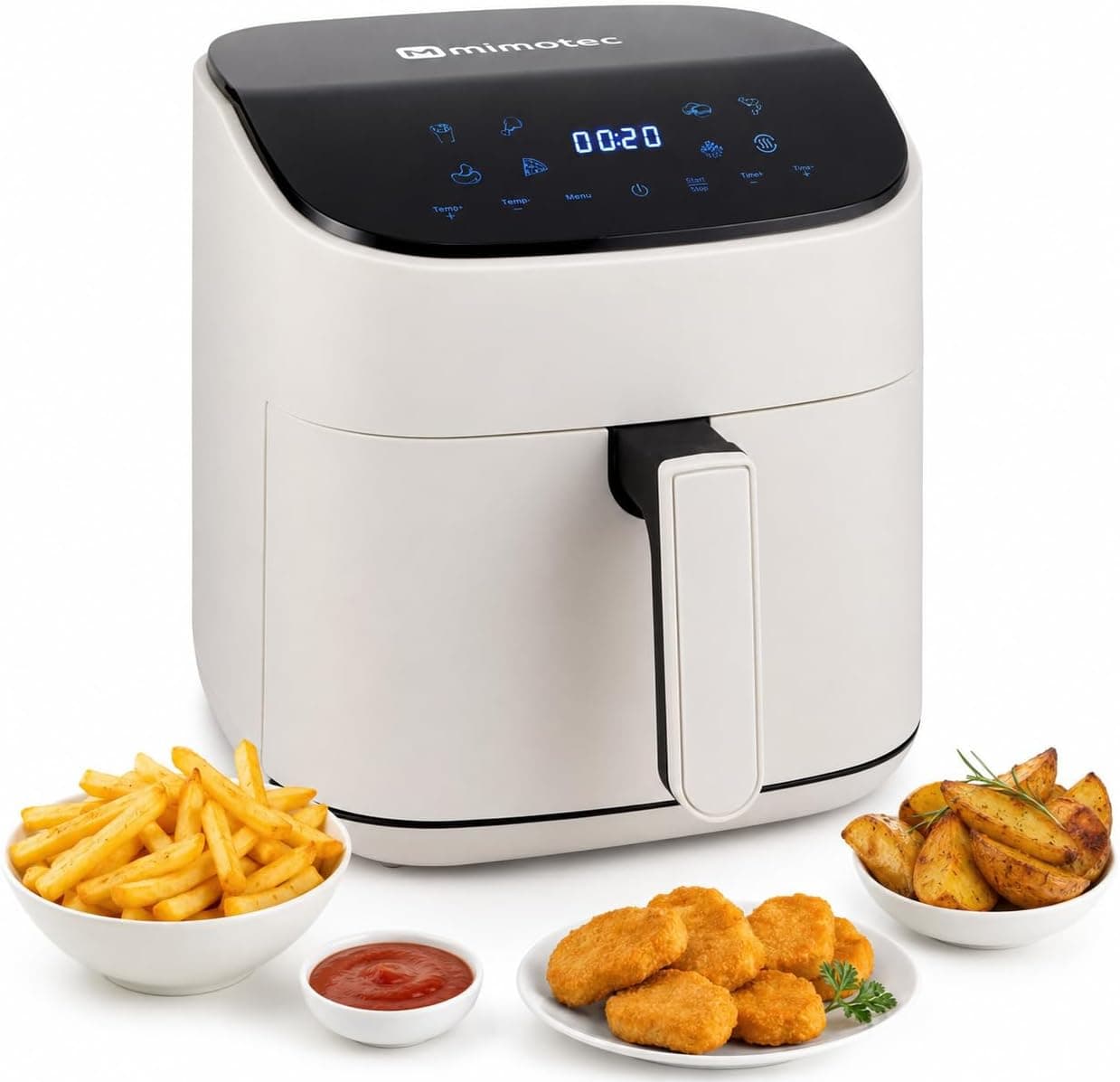 M mimotec – Air Fryer White Sara Touch 6,5L, Freidora de Aire sin Aceite, 1600W, 8 Menús Digitales, Pantalla Táctil,Función Grill, Temporizador regulable, Temperatura 80-200°C, Fácil y Saludable