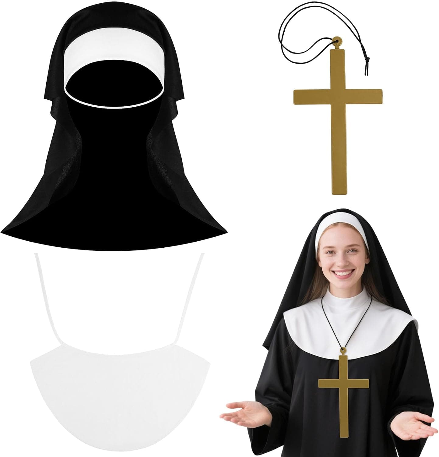 Aomig Disfraz Monja Mujer, Vestido Fancy Dress, Gorro Collar Cruz