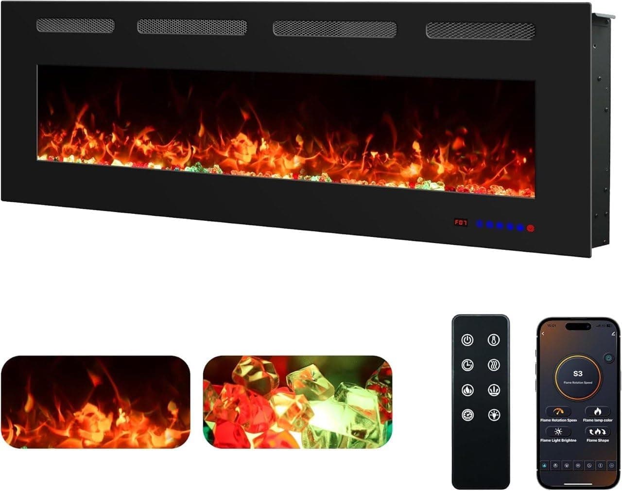 Chimenea Eléctrica Pared WiFi 127cm, 750/1500W, 13 Colores