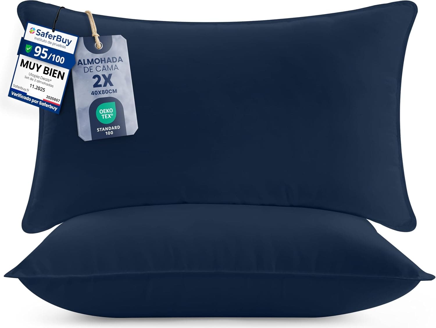 Utopia Bedding Almohada 40x80 cm Pack de 2, Fibra Hueca, Azul Marino