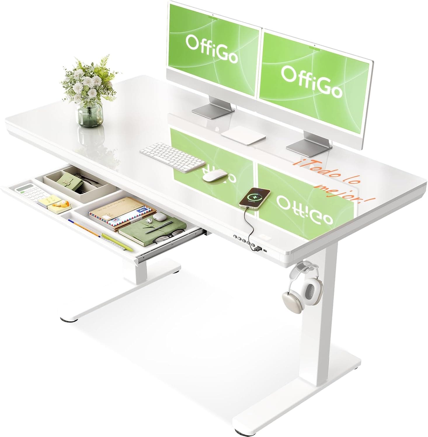 OffiGo Mesa Escritorio Elevable de Cristal con Cajón 120×60 cm, Blanco