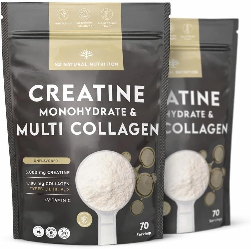 N2 Natural Nutrition. Creatina Monohidratada + Multi Colágeno Hidrolizado con Vitamina C en polvo (140 Dosis) 3000mg Creatina + Colágeno I,II,III,V y X. Sin Sabor. 2 Unidades