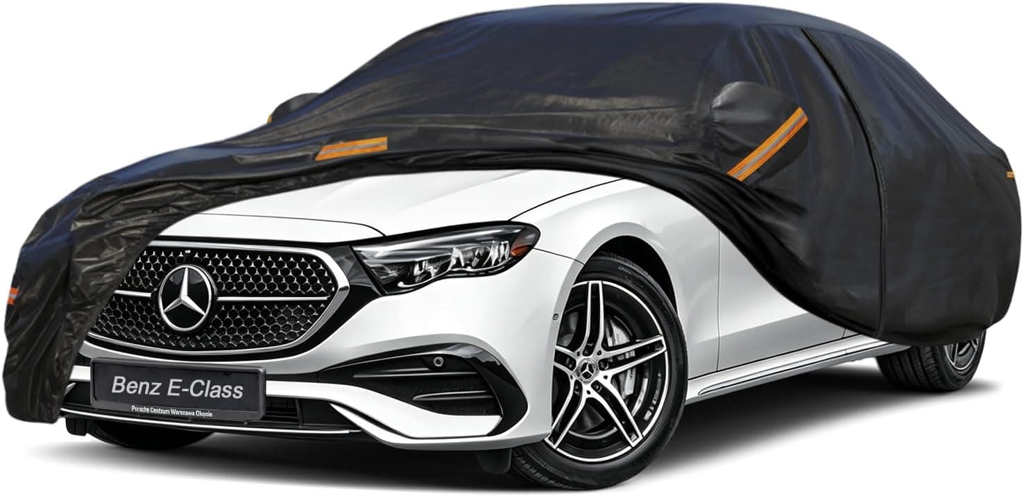 Kayme Funda Coche Exterior, Compatibles con Mercedes Benz Clase E(2009–2026), Cubierta para Coche Impermeable Transpirable Anti-UV Antipolvo de 7 Capas, Cubre Coche con Cremallera y Forro de Algodón.