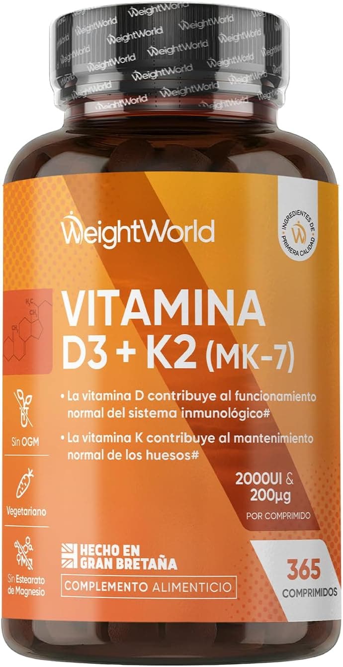 Vitamina D3 y K2 2000 UI + 200 µg - 365 Comprimidos de Vitamina D y MK7