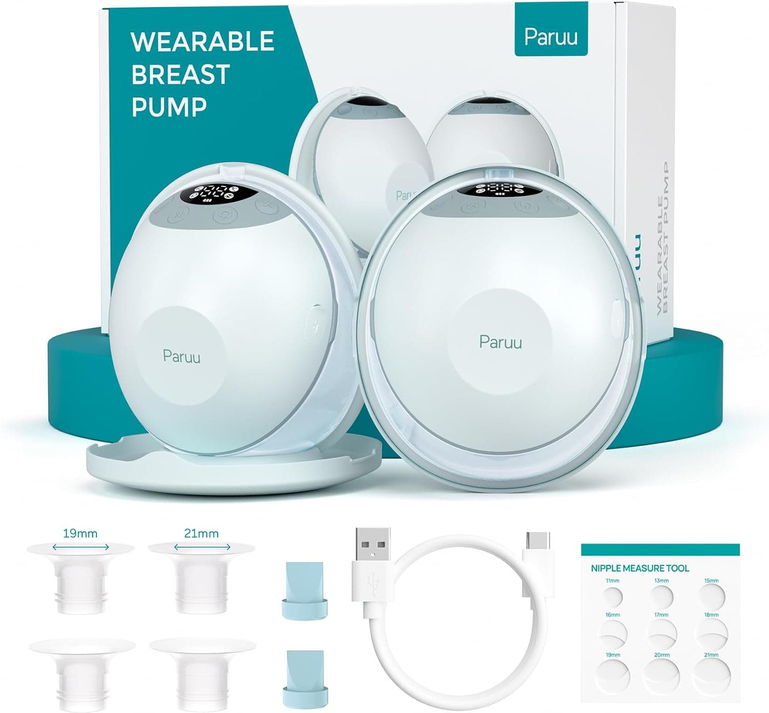 Paruu P20 Sacaleches Electricos Manos Libres, 4 Modos y 12 Niveles de Succión con Brida de Doble Sellado de 19/21/24 mm, Diseño visual del tiempo y el volumen de la leche (2, Verde claro)
