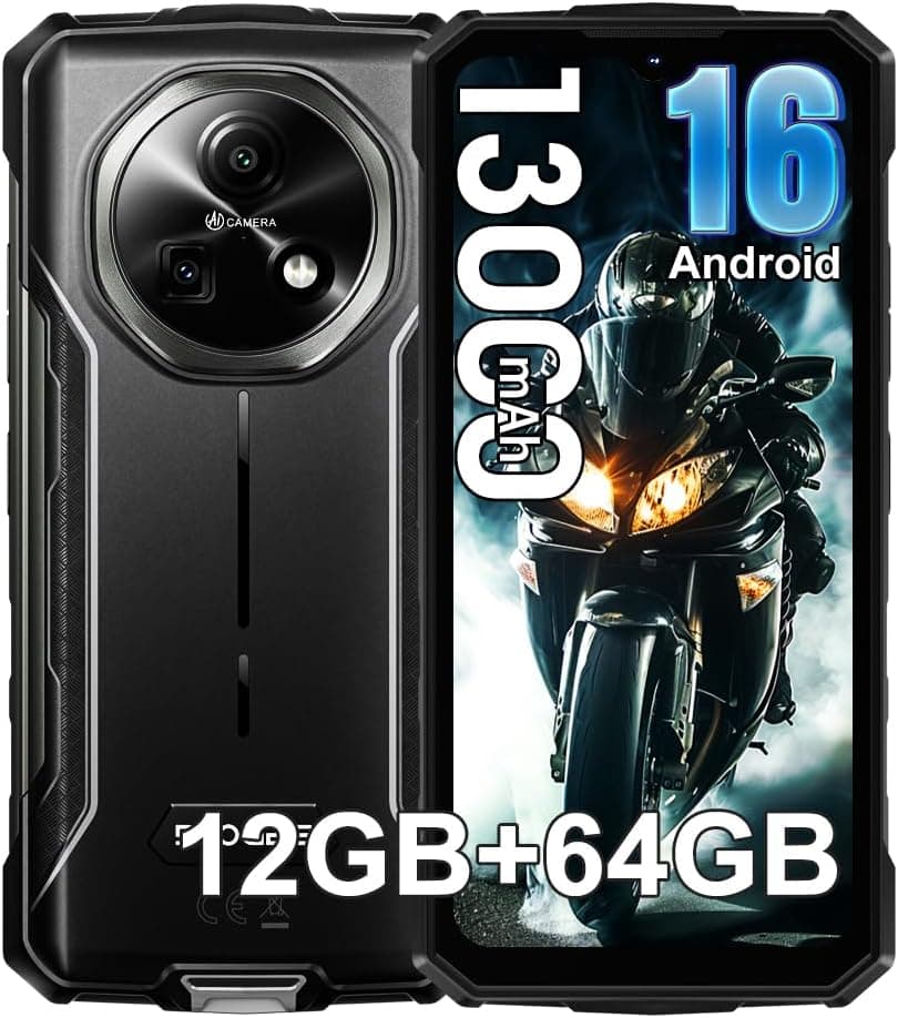 Fire 5 4G Móvil Resistente 2026, 13000mAh Android 16 Móvil Irrompible 12GB+64GB/2TB TF, 6.6'' HD+ 90Hz, 16MP+8MP AI Cámara, IP68 Smartphone Resistente, Dual SIM/NFC/OTG/3 Slot/Face ID/GPS/FM, Negro
