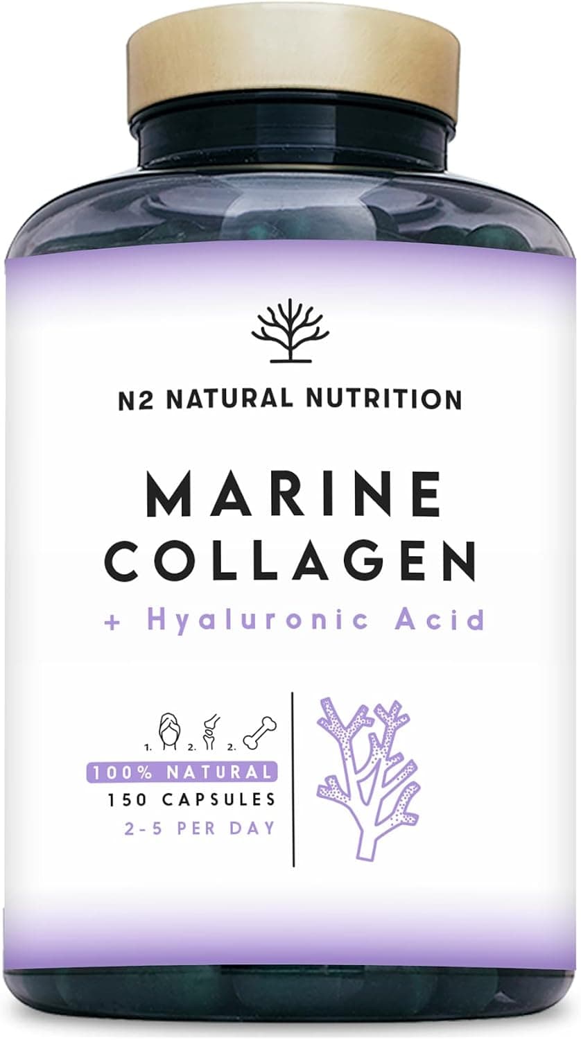 Colageno con Magnesio y Acido Hialuronico. Vitamina C. 150 Cápsulas Suministro 75 días. Alta Concentración. Cuidado de Articulaciones, Piel y Huesos. Colágeno Marino PEPTAN. CE.N2 Natural Nutrition
