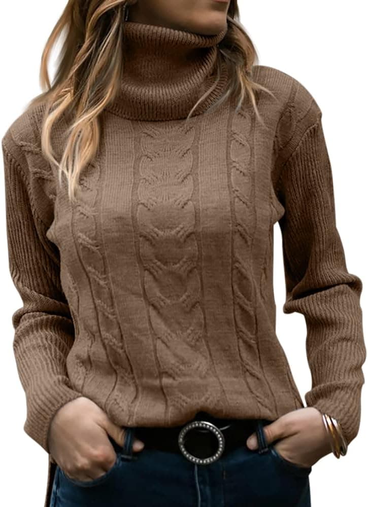 GeGekoko Suéteres de Cuello Alto para Mujer, de Punto Trenzado, Manga Larga, suéter Suave