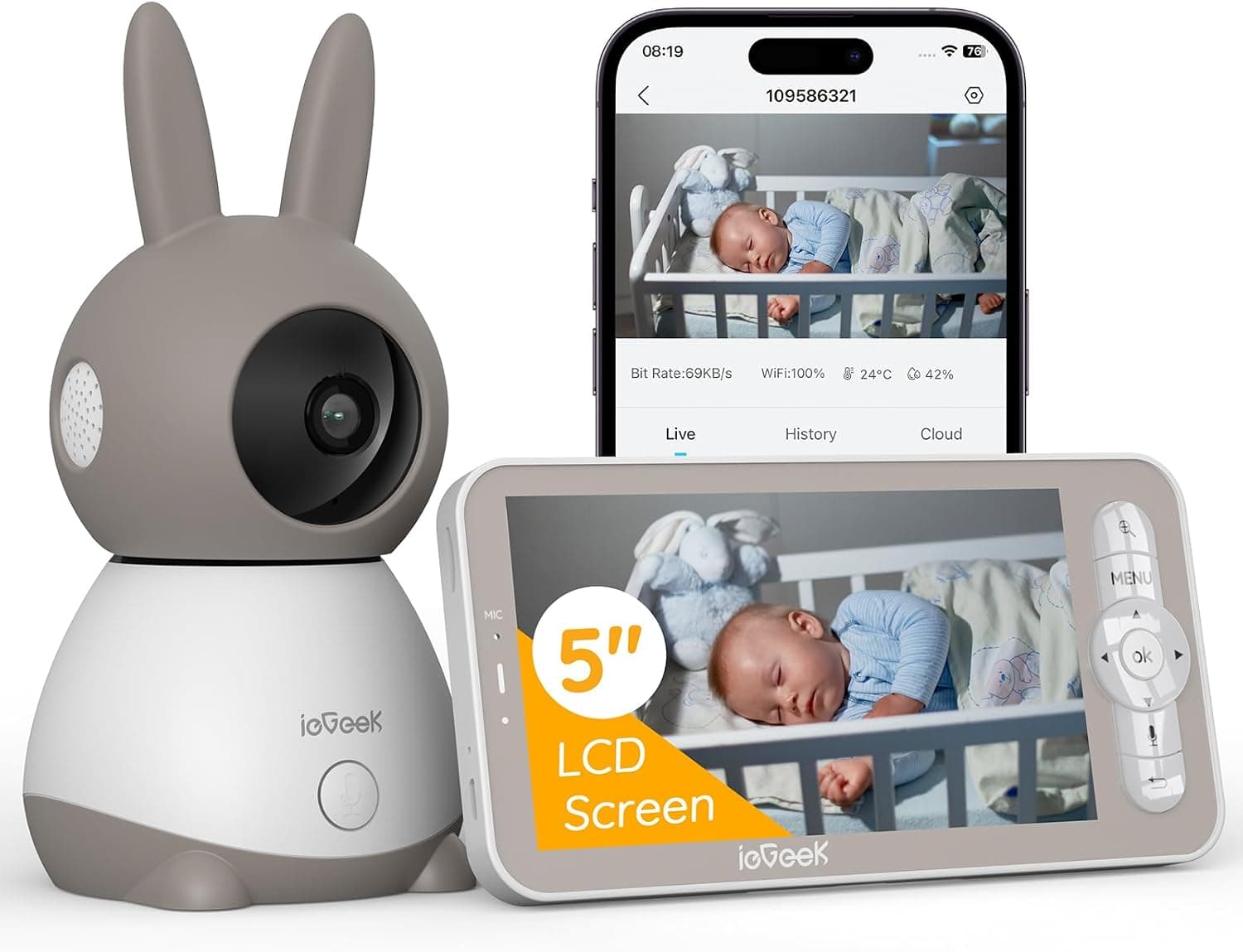 ieGeek Cámara Vigilancia Bebé 5" 2K/3MP 360° para Recien Nacido