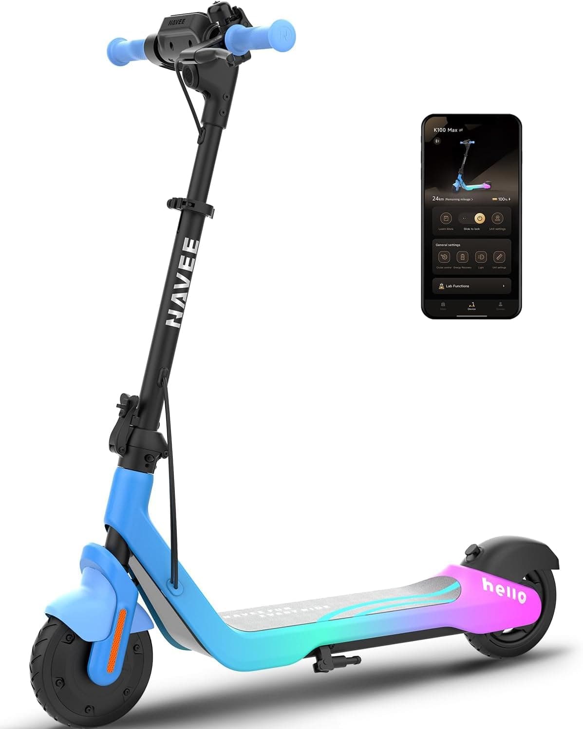 NAVEE K100 Serie Patinete Eléctrico para Niños, Control Parental vía App, Autonomy 14-24km, 3 Modos de Velocidad 16km/h, Luces RGB, Neumáticos Macizos 7", Plegable y Ajustable 6-14 Años