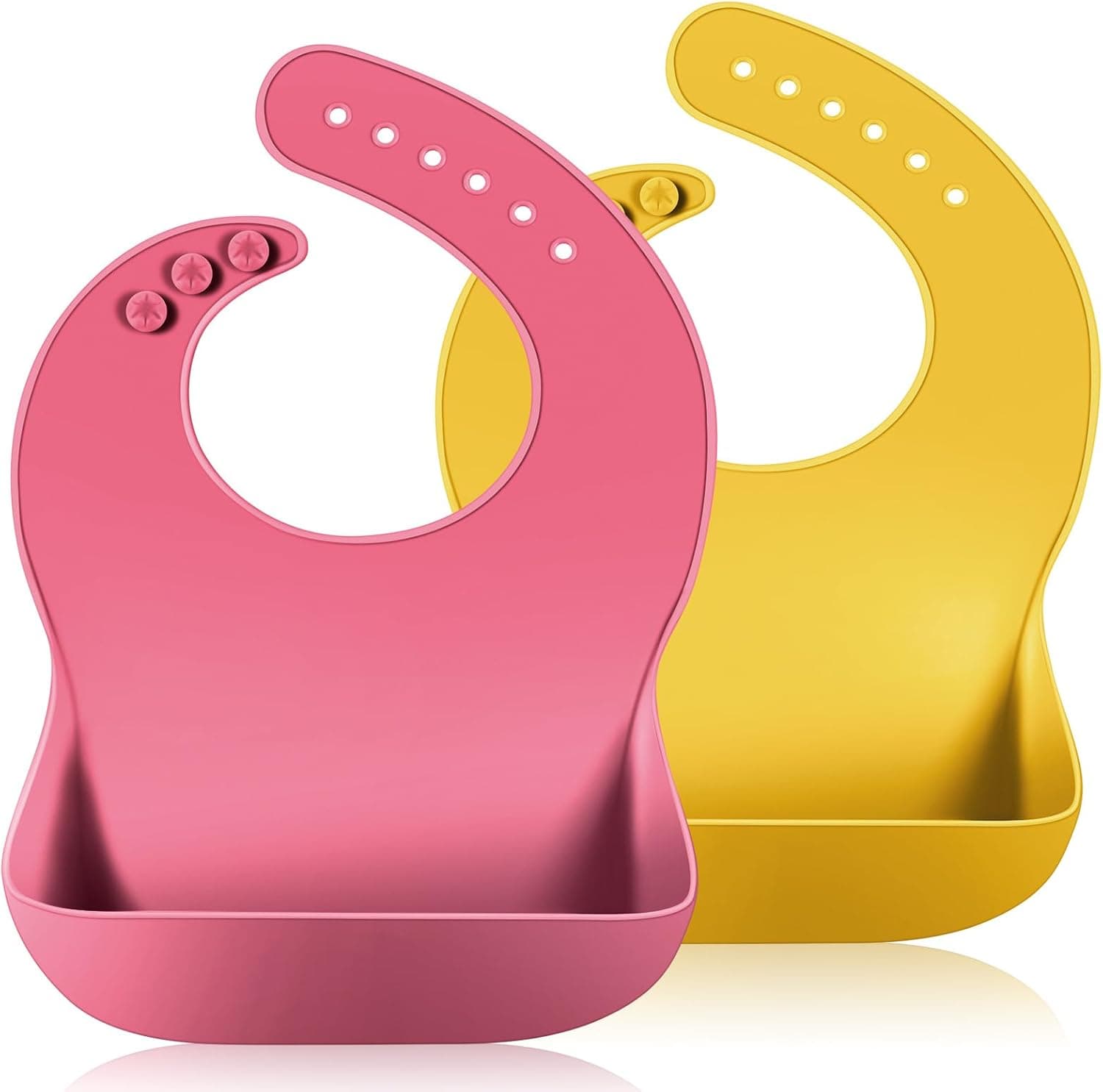 Vicloon Baberos de Alimentación para Bebés, 2 Pcs Impermeables Baberos de Silicona con Recolector Alimentos, Baberos Suave Ajustable para Bebés y Niños Niñas (rosa/amarillo)