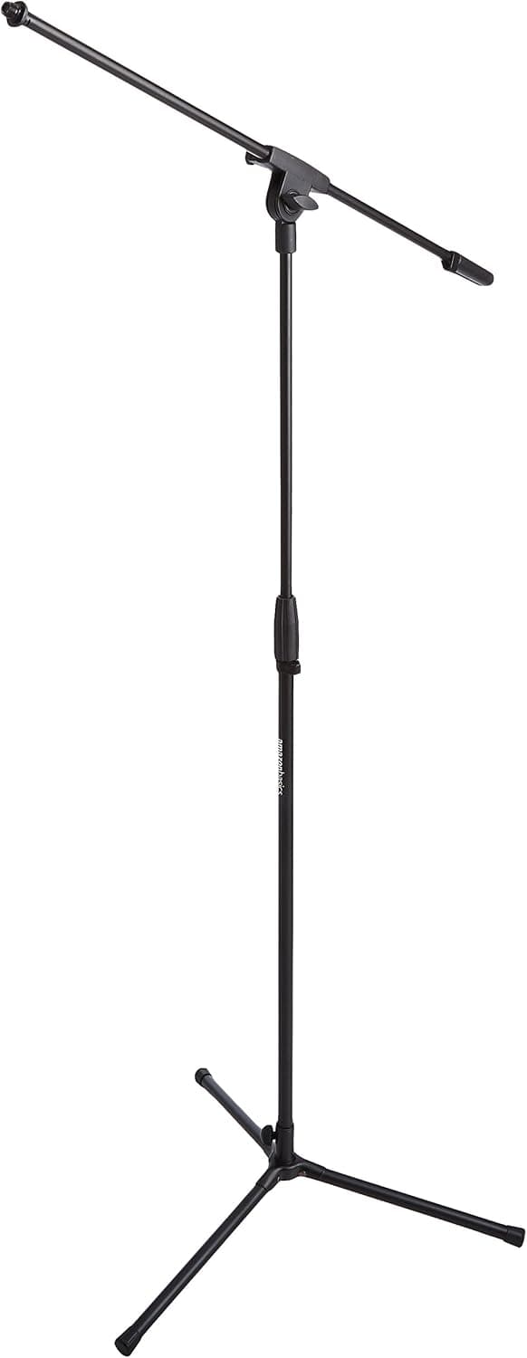 Amazon Basics Soporte de Micrófono con Trípode y Brazo, Hasta 218 cm, Inclinable y Ajustable, Acero Ultraligero, Transportable, Compatible con Adaptador de 95 mm a 160 mm - Negro