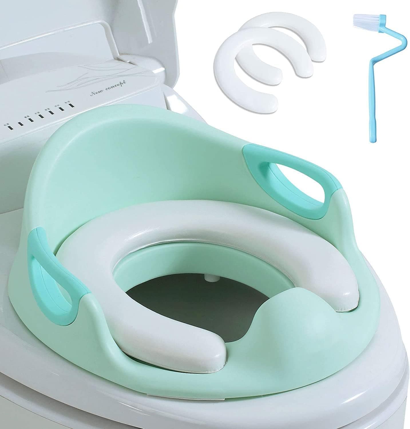 Reductor WC Niños - Adaptador Wc Niños |Asiento Adaptadores Ergonómico para Niños,Reductor de wc para Niños con Salpicaduras |Respaldo|Reposabrazos |cepillo*1，Estera suave de PU*2 Verde
