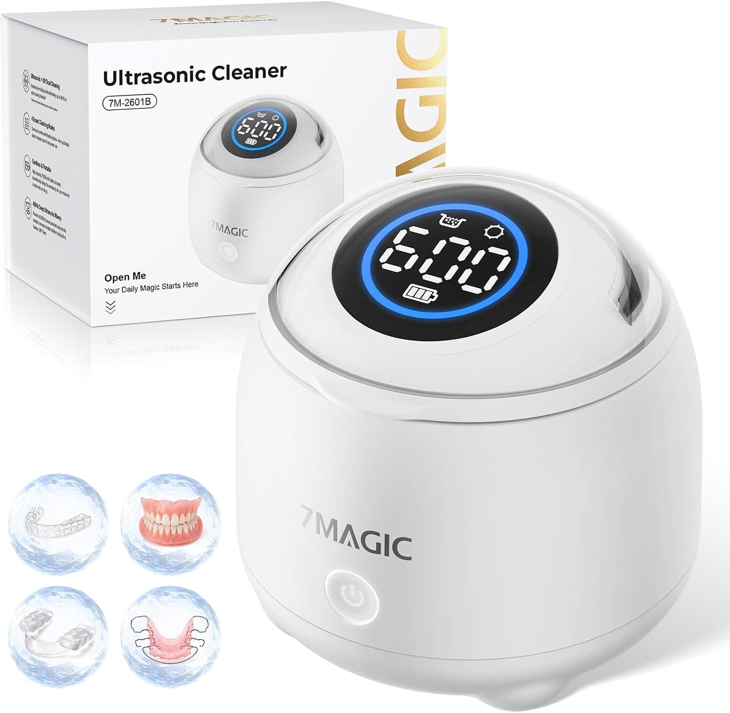 7MAGIC Limpiador ultrasonidos sin cable para férula, 48 kHz, Blanco